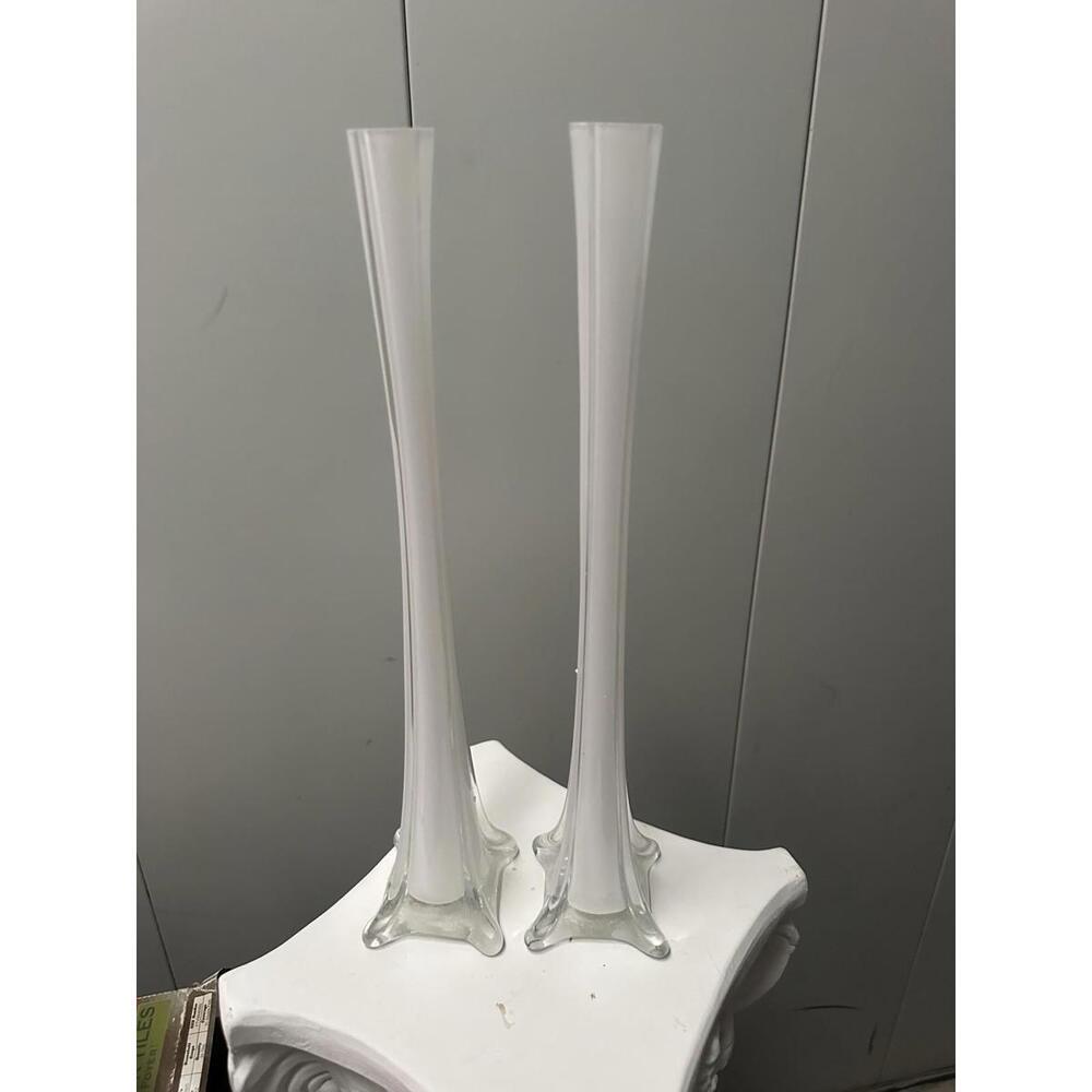 Pair of 15.5” Tall Glass Trumpet Bud Vases White Interior Clear Base New